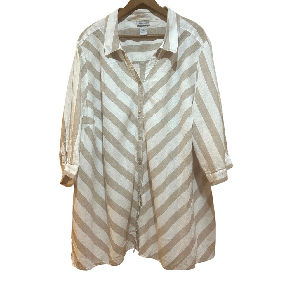 Catherines Blouse Womens 4X Tunic Linen Blend Tan White Stripe Lagenlook Coastal